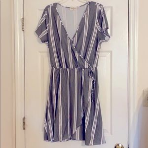 Black and White Striped Faux Wrap Dress